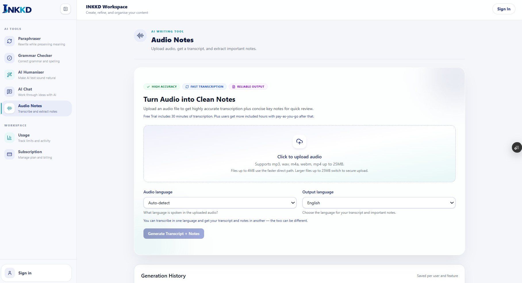 Inkkd dashboard showing AI-powered transcription, summary and action items